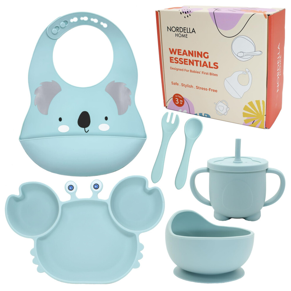 Baby Weaning Set 6-Piece | Bpa-Free Food-Grade Silicone | Suction Plate & Bowl + Sippy Cup + Bib + Fork & Spoon | Self-Feeding Kit For Nordella Home