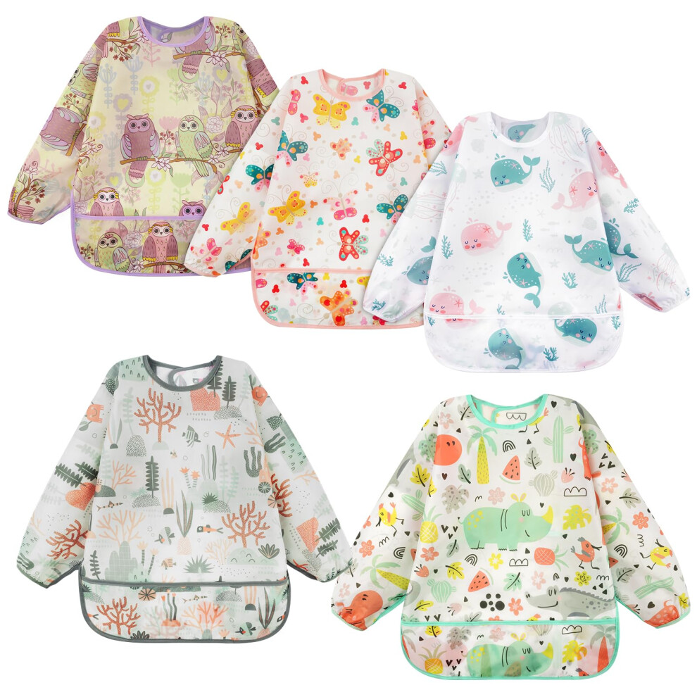 Bibs With Sleeves, 5Pcs Long Sleeve Waterproof Bibs, Unisex Feeding Bib With Large Pocket, Bib Apron Lovely Cute Cartoon Bibes For Infant Vicloon