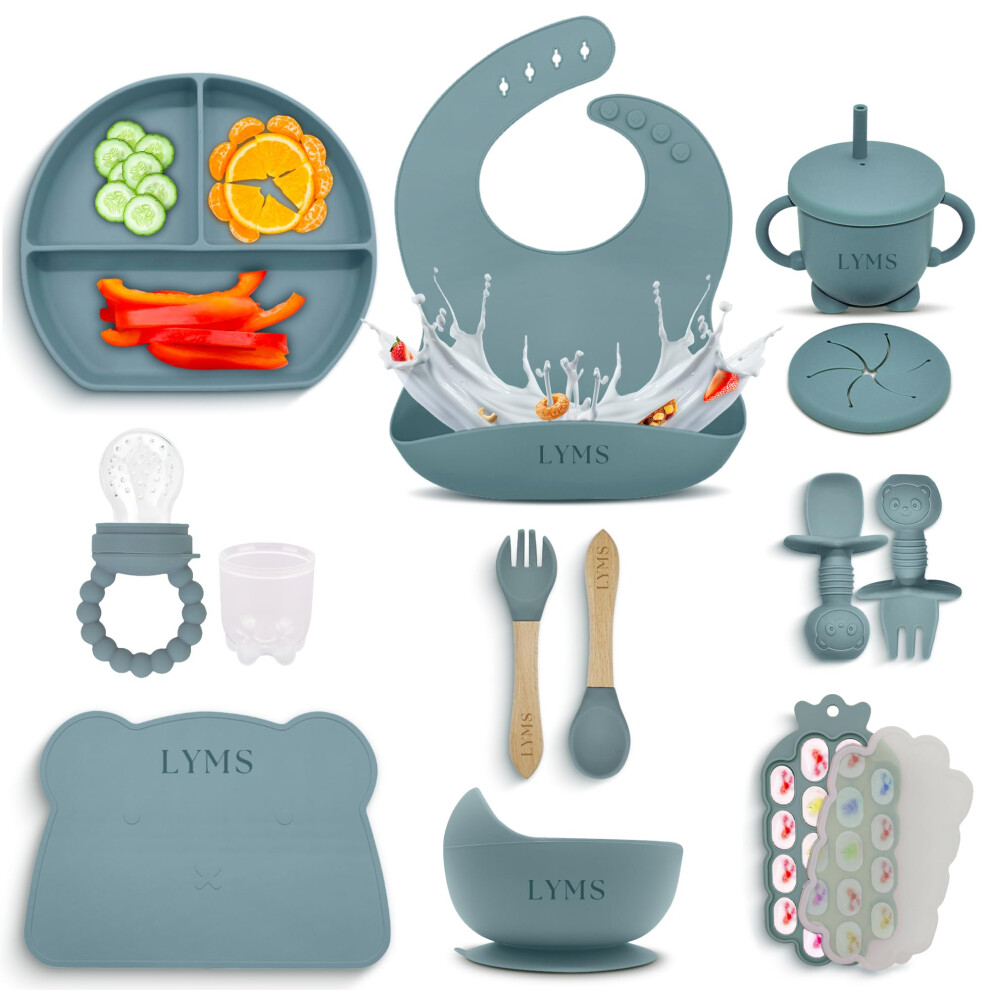 Baby Weaning Set 14Pcs ? Silicone Baby Feeding Set With Suction Plate, Bowl, Bib, Cup, Cutlery, Fruit Feeder & Freezer Tray ? Bpa-Free ? For Lyms
