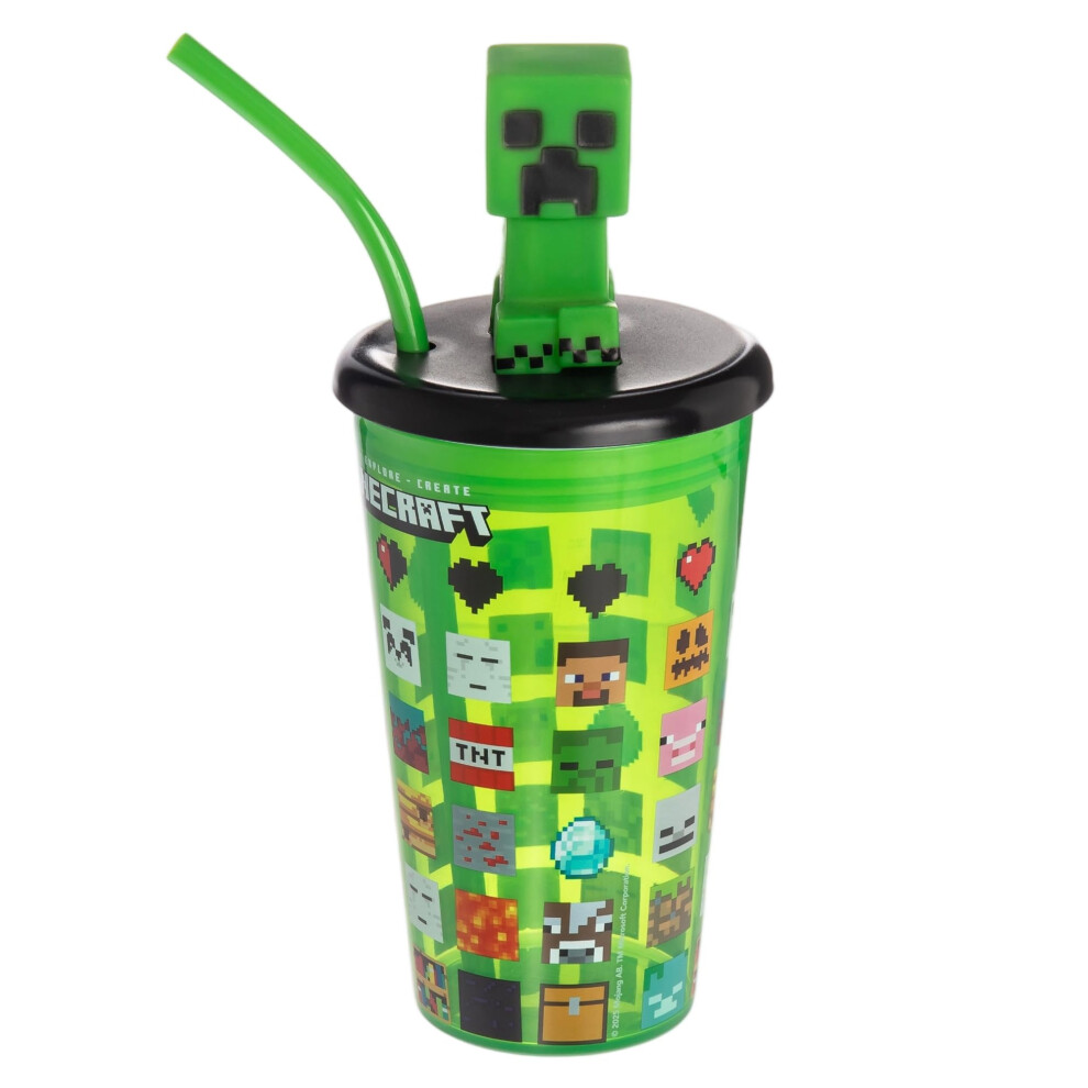 Minecraft Creeper 3D Figure Lid Cup With Straw 600Ml ? Official Kids Drinking Cup Bpa?Free, Screw?Top Lid, Creeper Design | Officially Licensed Green Hox