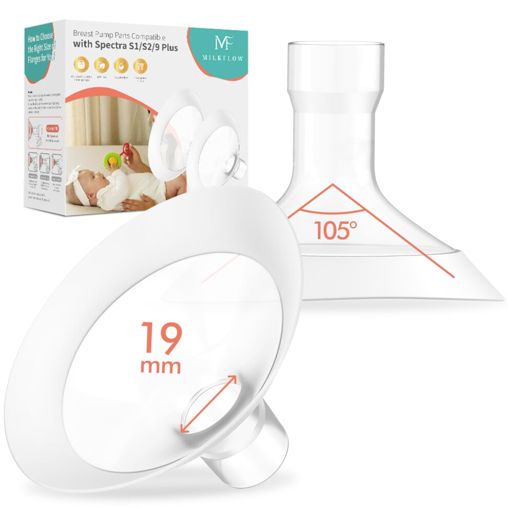 Breast Flanges 19Mm 2-Pack For Medela Pump In Style, Symphony, Freestyle, Sonata, Maxflow And Lansinoh Signature Pro Breast Pumps Milkflow