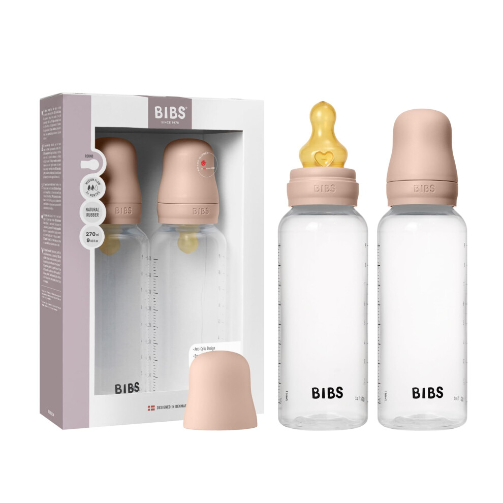 Baby Plastic Bottle 2-Pack 270Ml. Anti-Colic. Round Natural Rubber Latex Nipple. Supports Natural Breastfeeding, Complete Set - 270 Ml (Pack Of Bibs