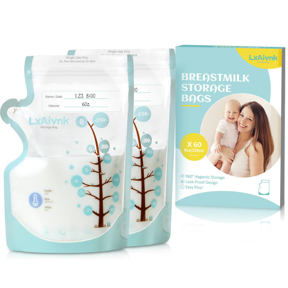 Breastmilk Storage Bag - 8Oz(60 Count), Breast Milk Storage Bags Freezer, No Leak Milk Storage Bags Breastmilk, Strength Thin Design,Breast Lxaivnk