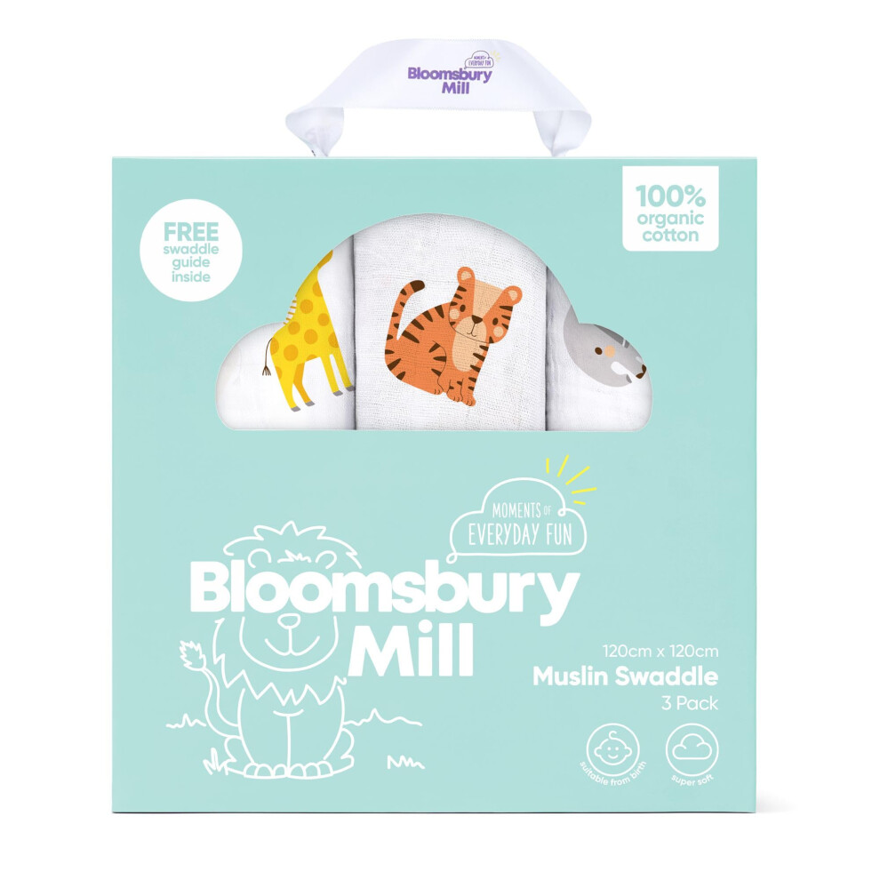 Bloomsbury Mill - Baby Swaddle Blanket - Soft 100% Organic Cotton Swaddles For Newborn - Large Muslin Cloths For Baby - Pack Of 3 - Essentials For
