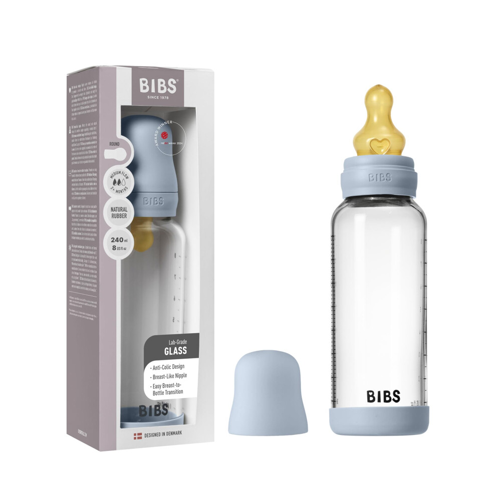 Bibs Baby Glass Bottle. 240Ml. Anti-Colic. Vented Round Natural Rubber Latex Teat. Supports Natural Breastfeeding, Medium Flow, Complete Set - 240 Ml,