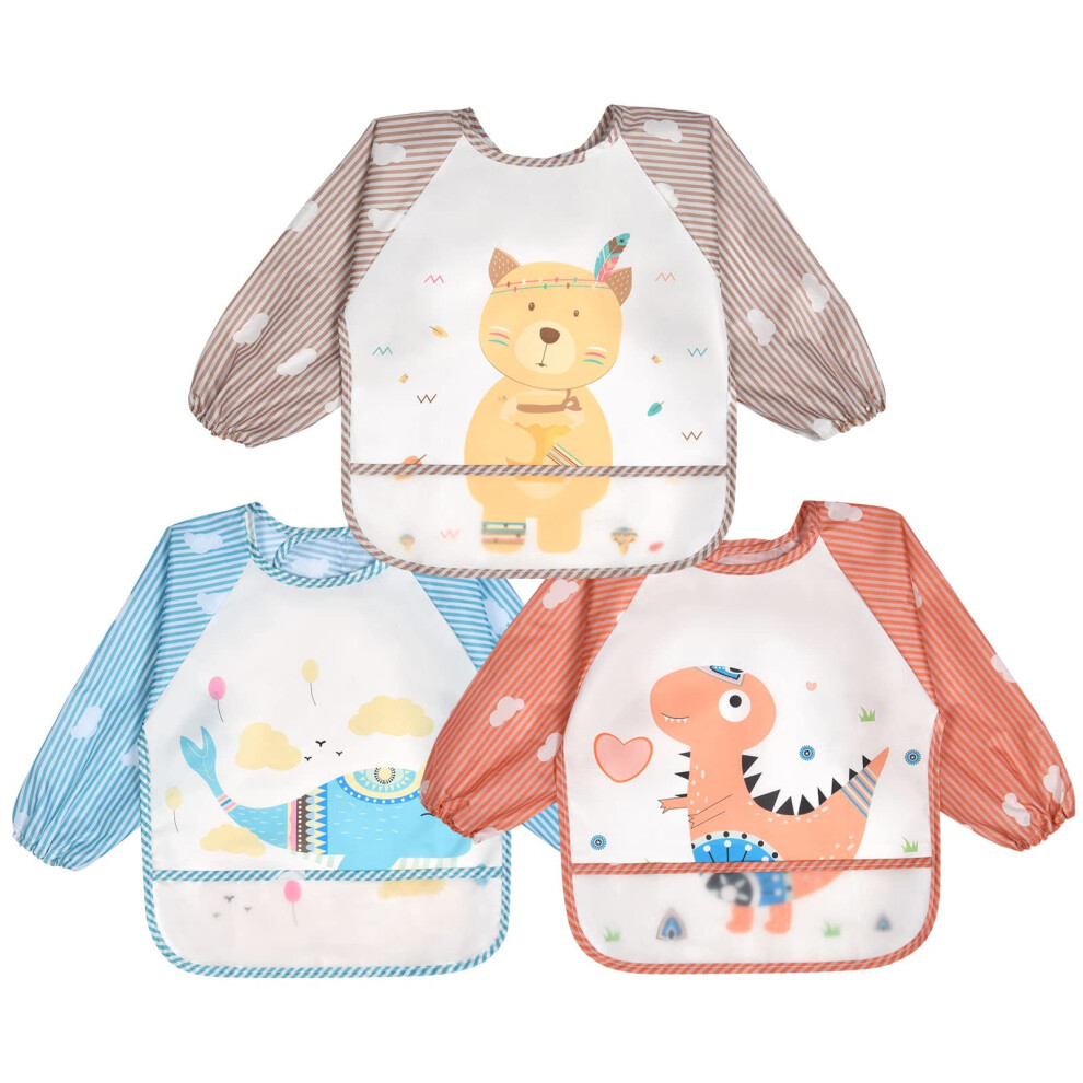 Bibs With Sleeves, 3 Pcs Long Sleeve Waterproof Bibs, Unisex Feeding Bib With Large Pocket, Bib Apron Lovely Cute Cartoon Bib For Infant Vicloon