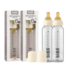 BIBS Baby Glass Bottle 2-Pack 225ml. Anti-Colic. Vented Round Natural Rubber Latex Teat. Supports Natural Breastfeeding, Complete Set - 225 ml (Pack