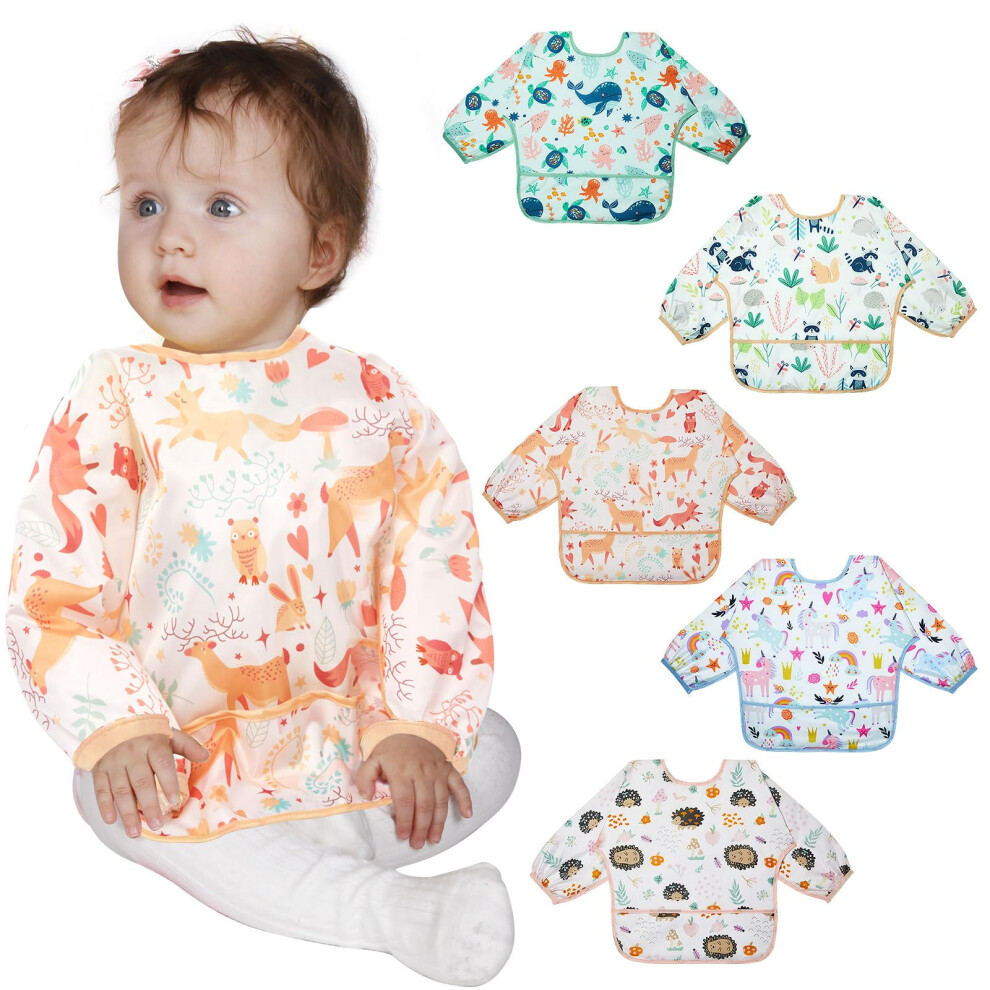 Bibs With Sleeves, 5 Pcs Eva Unisex Feeding Baby Bibs, Waterproof Long Sleeve Bib Apron Lovely Cute Cartoon Bibs For Infant Toddler 0-24 Months Lictin