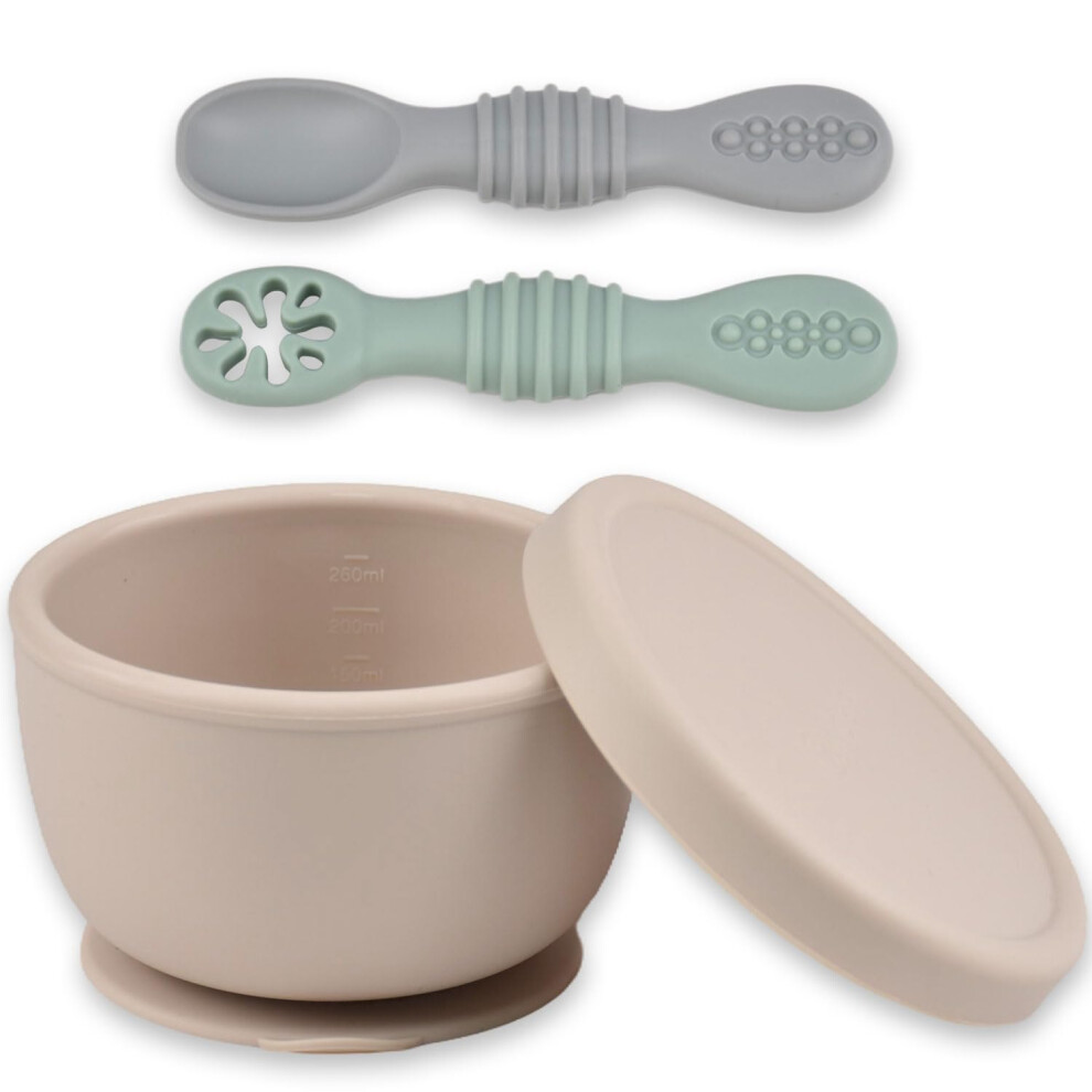 Ginbear Suction Baby Bowl With Lid 8.8 Oz And Spoons For Infants 4 M+, First Stage Feeding Set, Non-Toxic Food Grade Silicone Led Weaning Supplies