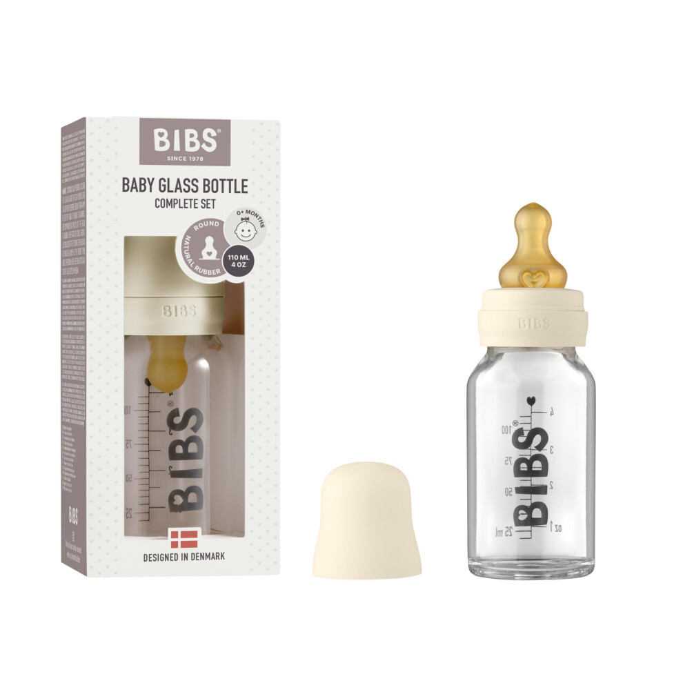 Baby Glass Bottle. Anti-Colic. Round Natural Rubber Latex Teat. Supports Natural Breastfeeding, Complete Set - 110 Ml, Ivory Bibs