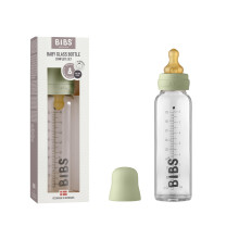 BIBS Baby Glass Bottle. Anti-Colic. Round Natural Rubber Latex Teat. Supports Natural Breastfeeding, Complete Set - 225 ml, Sage