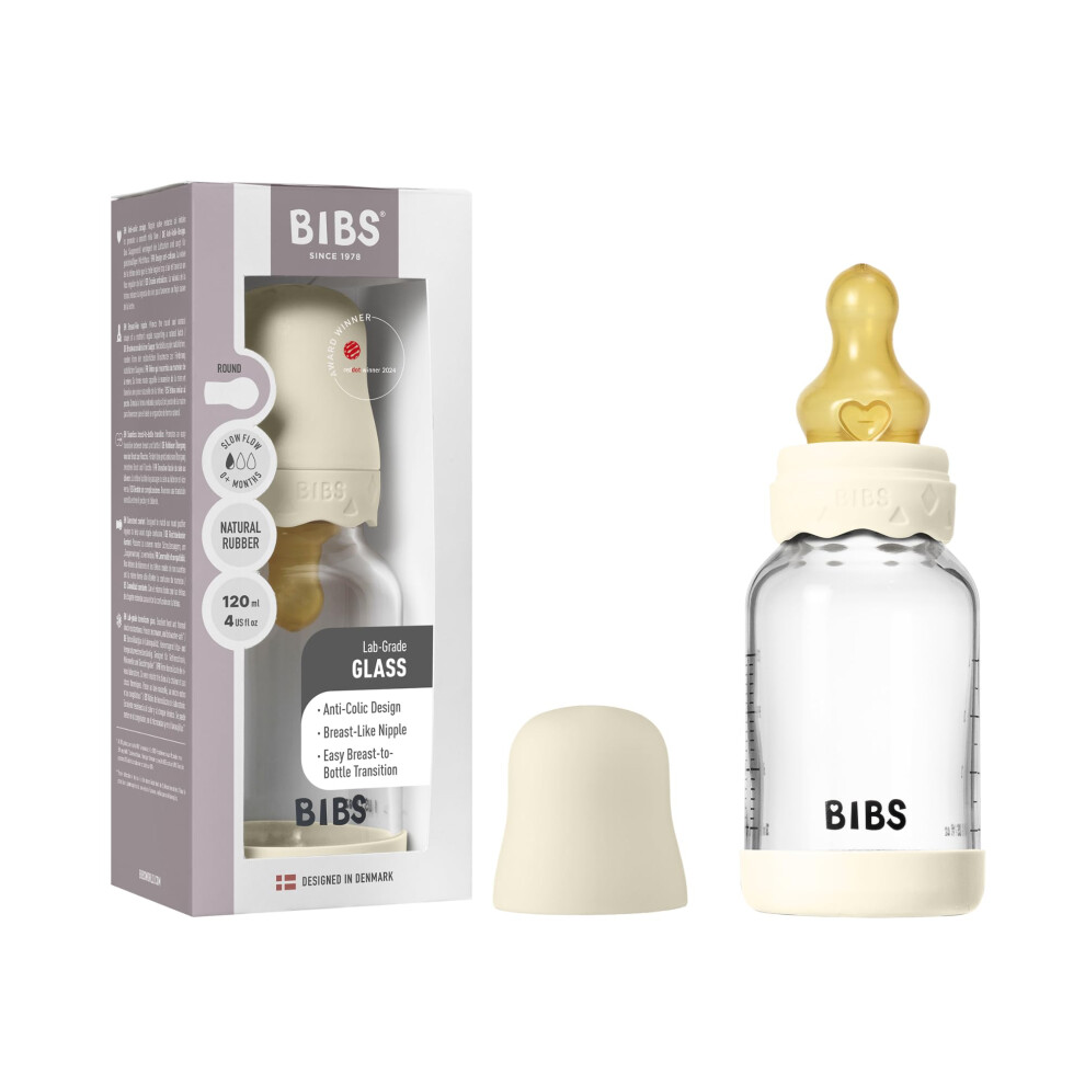 Boheme Baby Glass Bottle 4 Oz /120 Ml. Anti-Colic. Round Natural Rubber Latex Nipple. Supports Natural Breastfeeding - Ivory Bibs