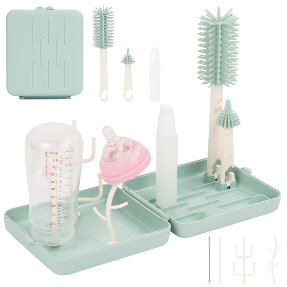 Vicloon Baby Bottle Brushes, 6 In 1 Travel Bottle Brush Set With Silicone Bottle/Nipple/Straw Brush, Soap Dispenser, Drying Rack, Baby Travel