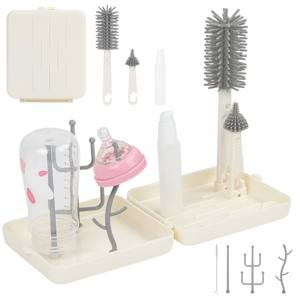 Vicloon Baby Bottle Brushes, 6 In 1 Travel Bottle Brush Set With Silicone Bottle/Nipple/Straw Brush, Soap Dispenser, Drying Rack, Baby Travel