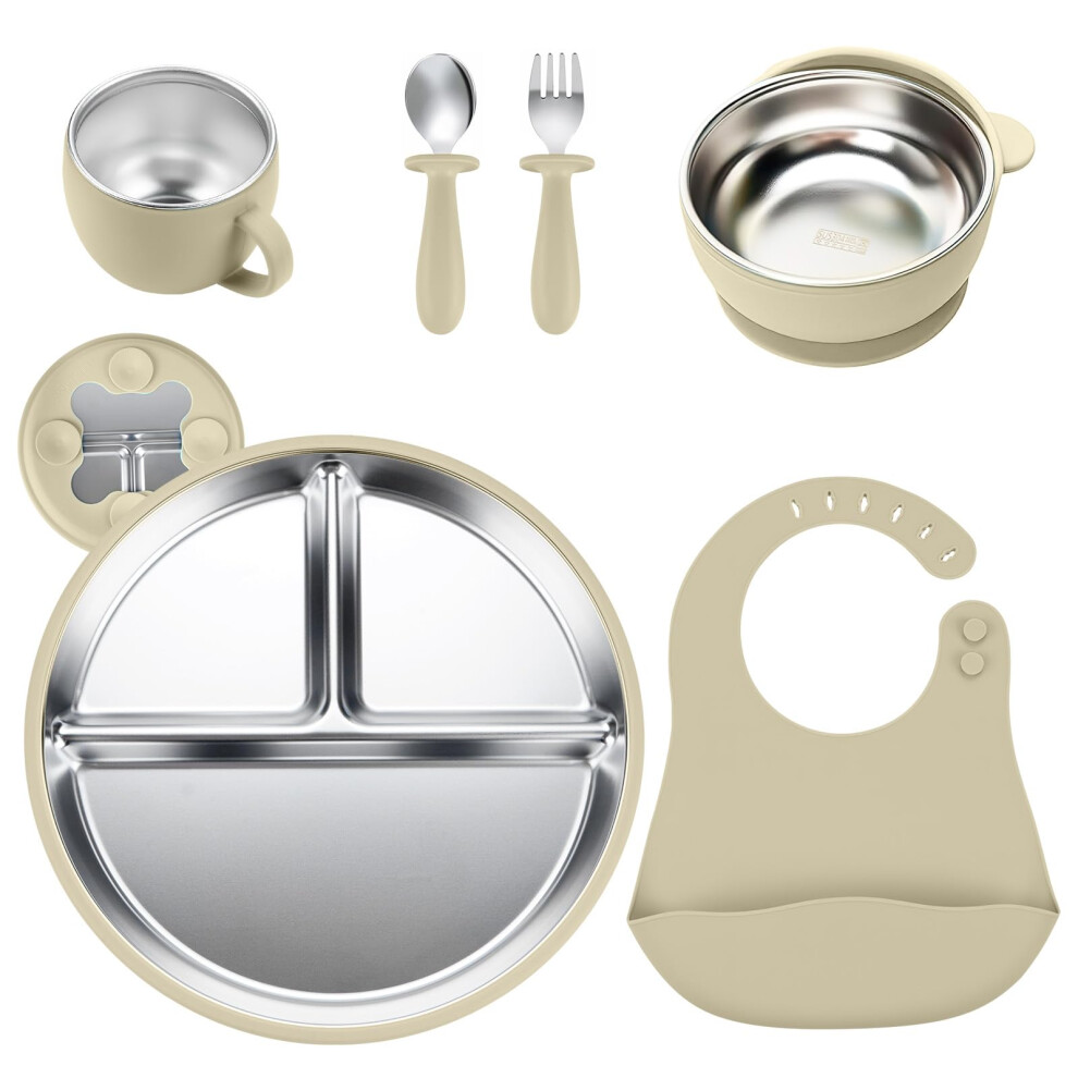 Comeder Stainless Steel Baby Feeding Set, Dishwasher Safe Toddler Utensils, Divided Plates For Led Weaning Supplies For 6-12 Months Baby (Set 4)