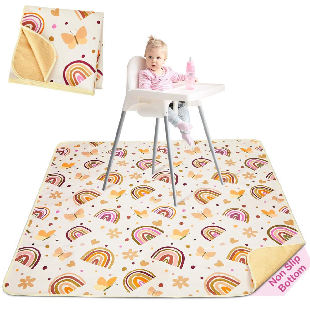 Unicorn Castle High Chair Splash Floor Mat, Waterproof Washable Slip Splash Mat For Under High Chair Food Catcher,Brown Rainbow,107X117cm
