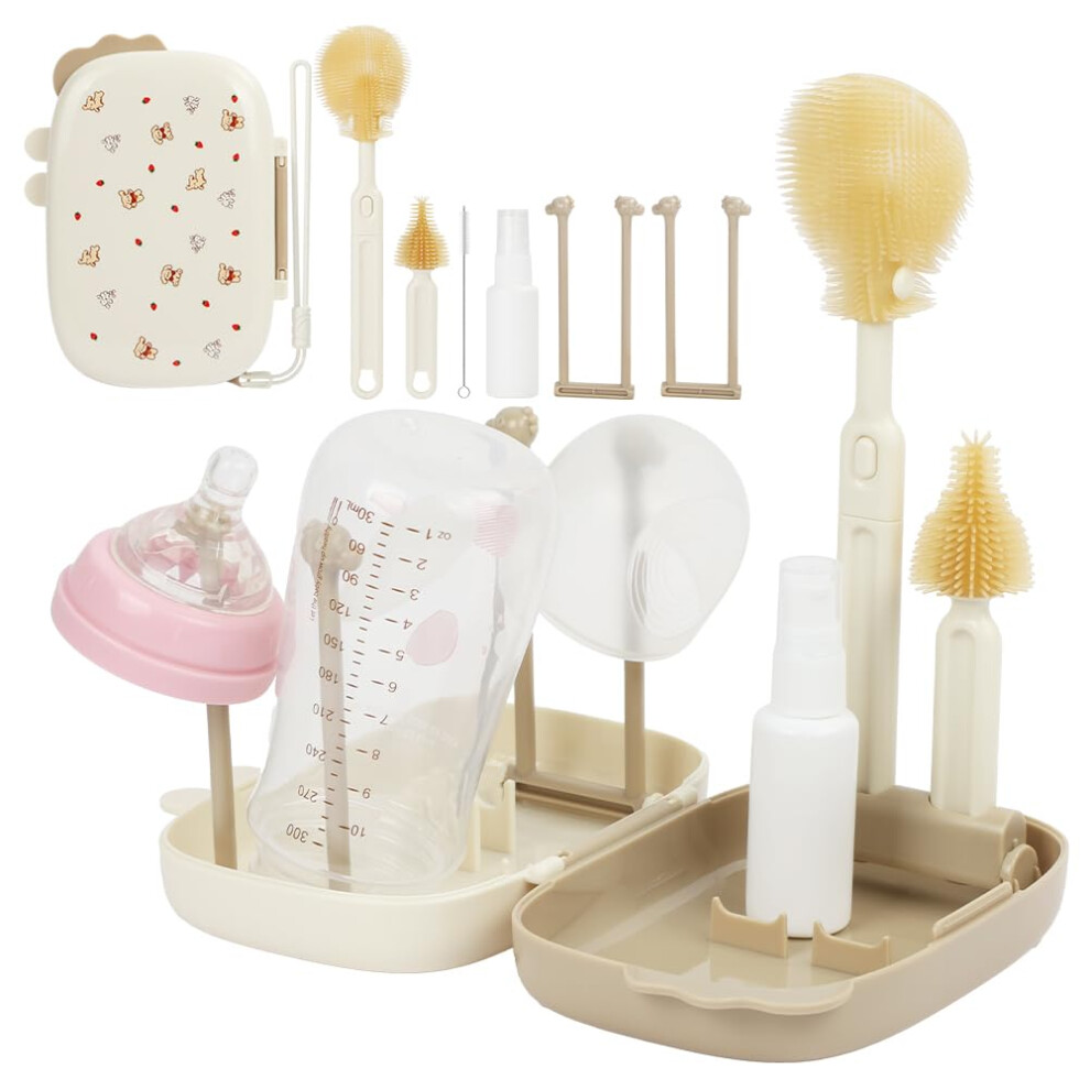 Vicloon Baby Bottle Brushes, 6 In 1 Travel Bottle Brush Set With Silicone Bottle/Nipple/Straw Brush, Soap Dispenser, Drying Rack, Baby Travel