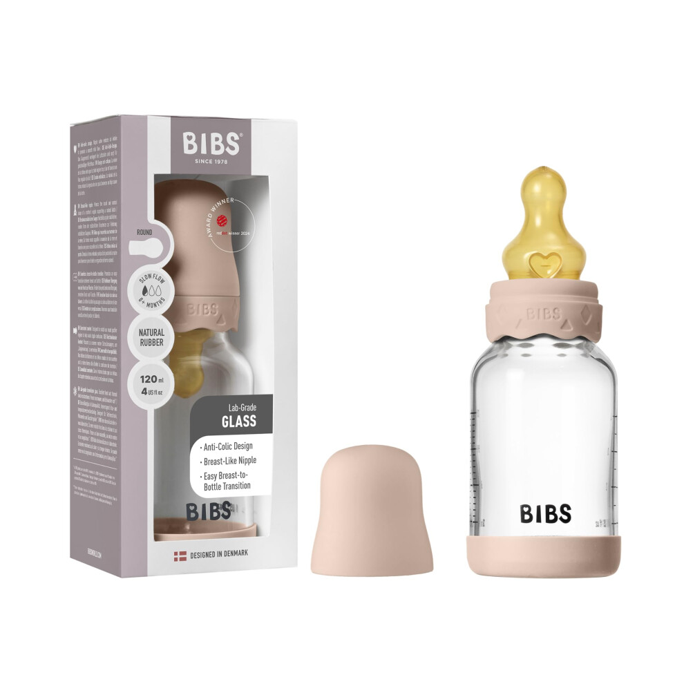 Boheme Baby Glass Bottle 4 Oz /120 Ml. Anti-Colic. Round Natural Rubber Latex Nipple. Supports Natural Breastfeeding - Blush Bibs