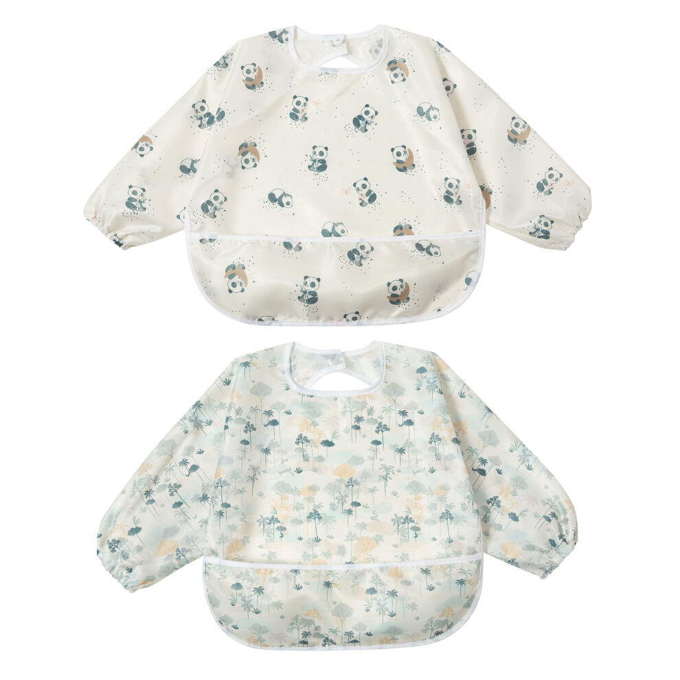 Little Dimsum Toddler Weaning Bibs -Waterproof Long Sleeve Baby Apron Coverall With Food Catcher, Adjustable Splashproof Design Easy-Wipe 6-36 Months
