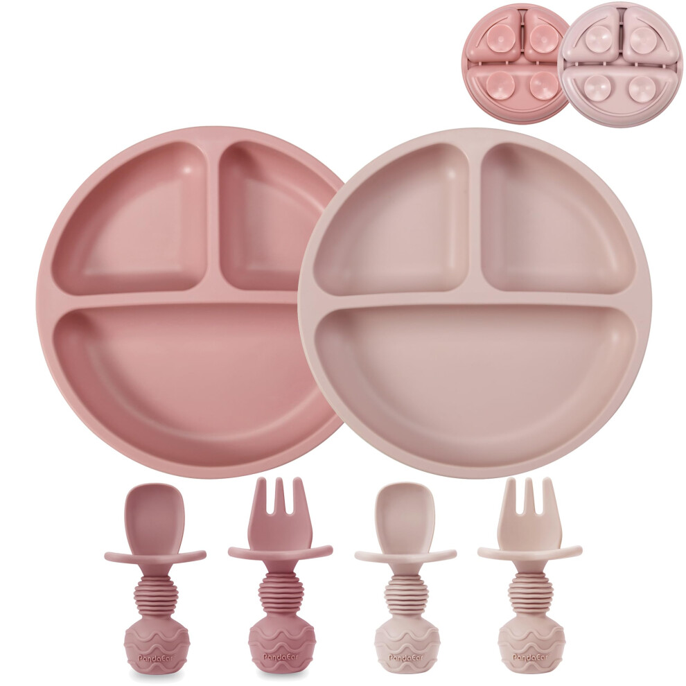 2 Pack Silicone Baby Suction Plates With 2 Spoons 2 Forks For Weaning Girls, Sectioned Divided Baby Weaning Plates, Toddler Dinner Plates Set Pandaear