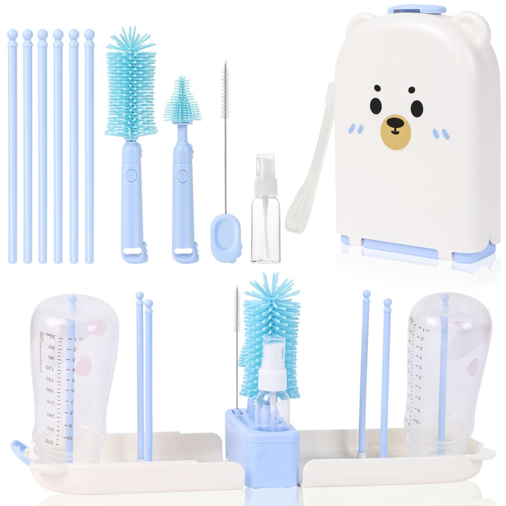 Baby Bottle Brush Set With Storage Drying Rack Holder, Baby Travel Bottle Cleaner Kit With Silicone Bottles Brush, Nipple & Straw Brushs,Drying Aoote