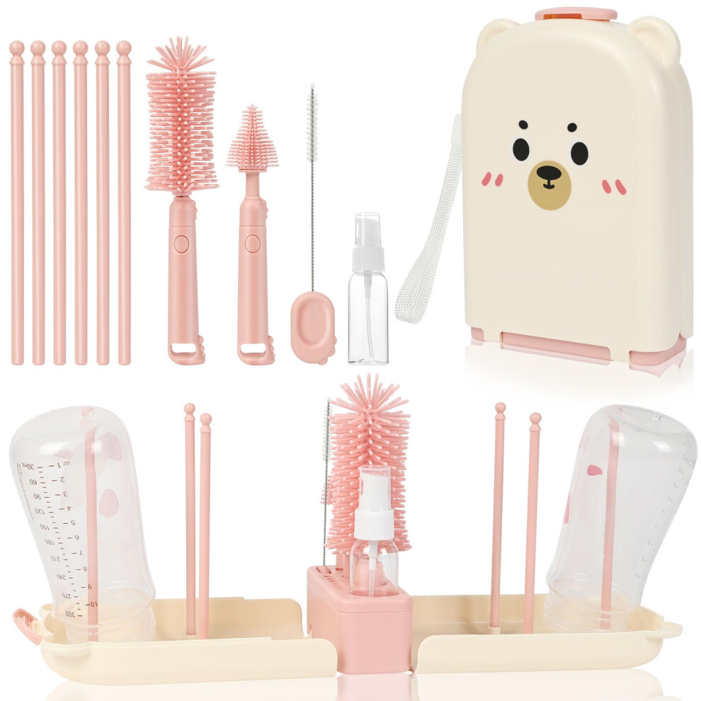 Baby Bottle Brush Set With Storage Drying Rack Holder, Baby Travel Bottle Cleaner Kit With Silicone Bottles Brush, Nipple & Straw Brushs,Drying Aoote
