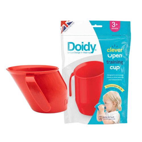Doidy Cup, Open Cup for Training Baby 6 Months-3 Years, 200ml, Slanted Weaning Cup with Handles for Learning to Drink, BPA Free (Red)
