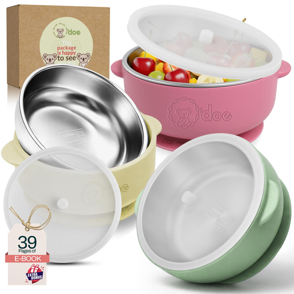 O'doe Suction Bowls For Baby - Non-Toxic Stainless Steel Baby Bowls With Suction 5" Bpa-Free Baby Bowls For Weaning & Self Feeding, Non-Slip Silicone