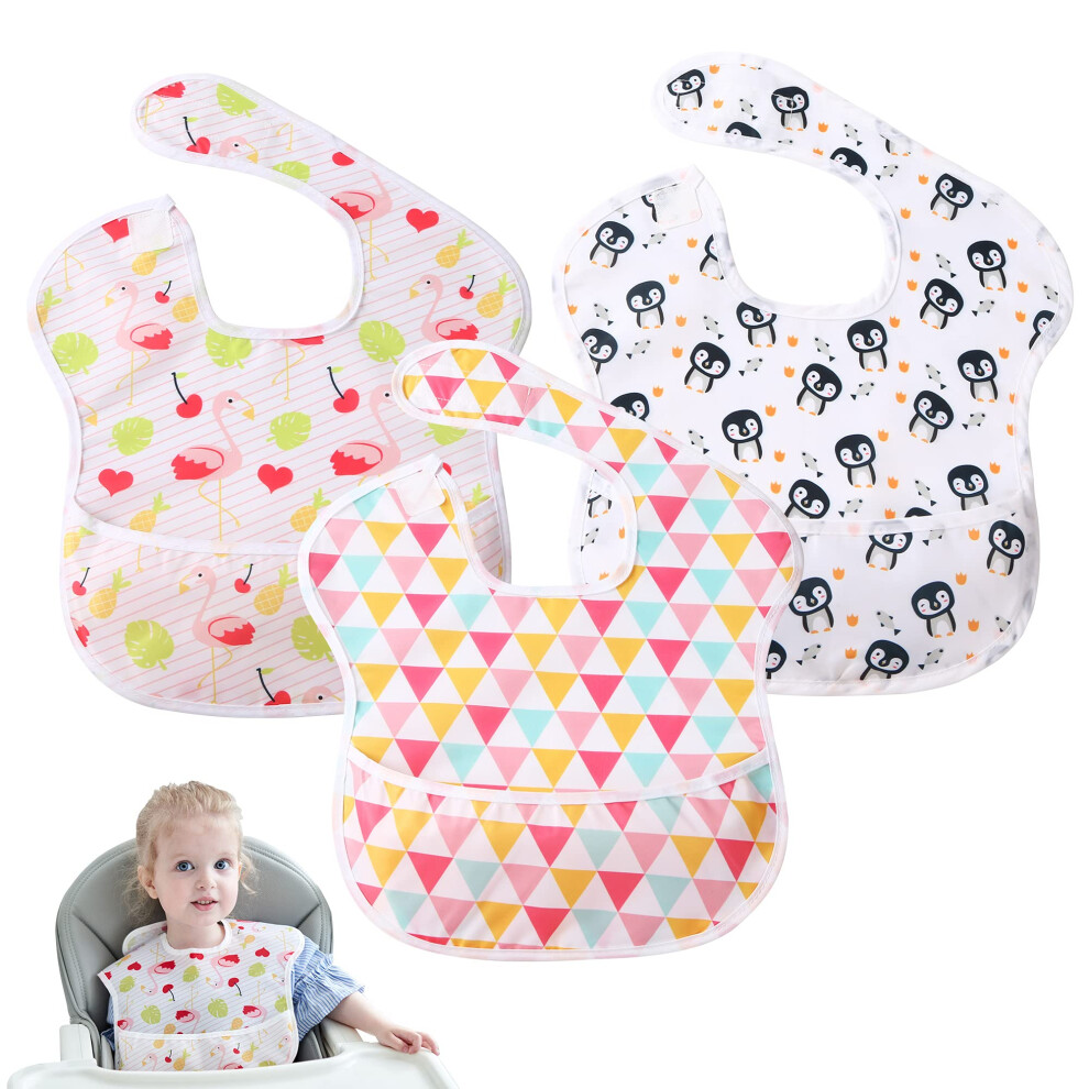 Little Dimsum 3 Pack Baby Bibs Waterproof Bib Easy To Clean Feeding Bibs Weaning Bibs Adjustable Closed For Babies Toddlers With Large Pocket