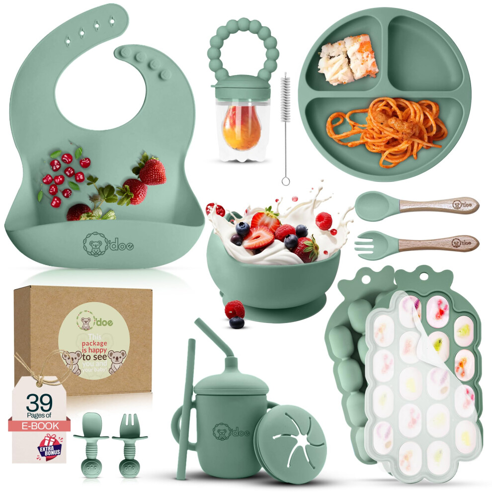 Baby Weaning Set ? 15 Pcs Silicone Baby Feeding Set With Suction Plate, Bowl, Bib, Sippy Cup, Fruit Feeder, Freezer Tray ? Baby Plates And Bowls O'doe