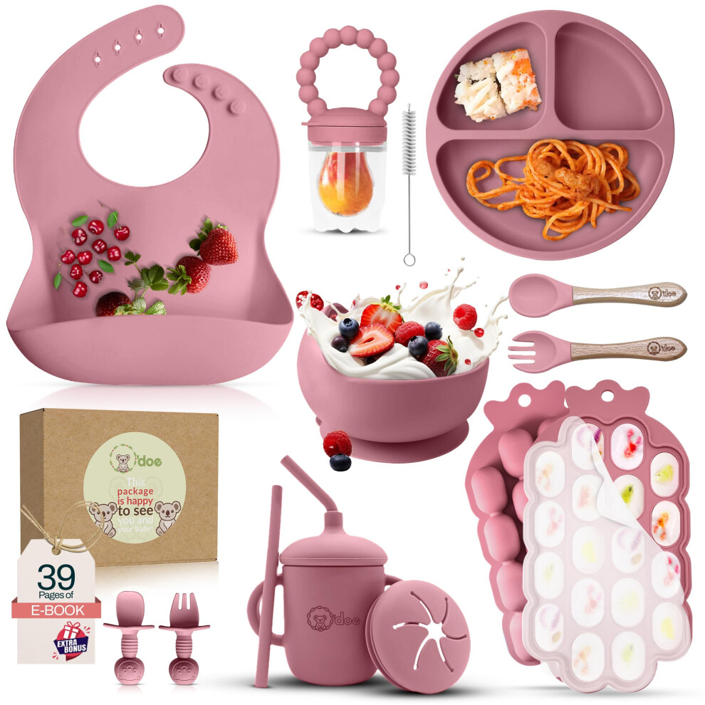 Baby Weaning Set ? 15 Pcs Silicone Baby Feeding Set With Suction Plate, Bowl, Bib, Sippy Cup, Fruit Feeder, Freezer Tray ? Baby Plates And Bowls O'doe