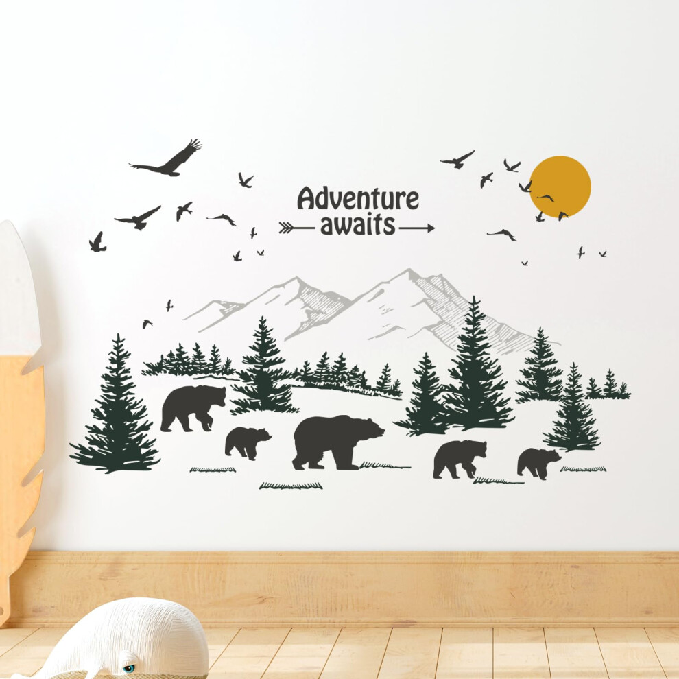 Mountain Forest Bear Wall Stickers, Woodland Pine Tree Animal Inspirational Quotes Wall Decals, Wall Art Stickers For Kids Baby Nursery Tanlaby