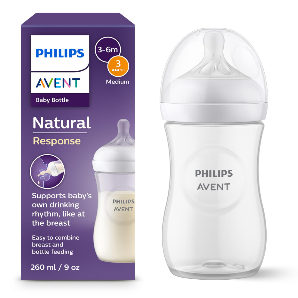 Philips Natural Response Baby Bottle - 260Ml Baby Milk Bottle For Newborns And Up, Bpa Free, 1+ Months (Model Scy903/01) Avent