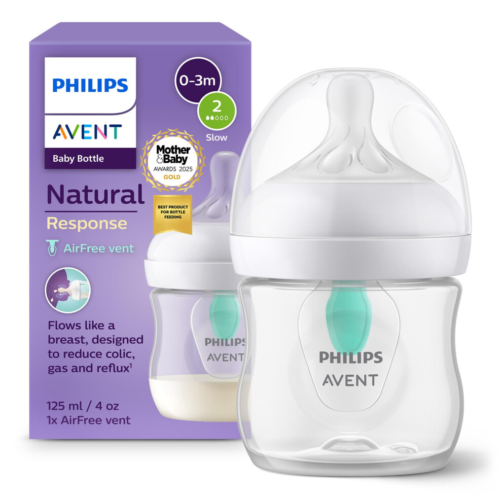 Philips Natural Response Baby Bottle - 125Ml Baby Milk Bottle With Airfree Vent, Bpa Free For Newborn Babies Aged 0 Months+ (Model Scy670/01) Avent