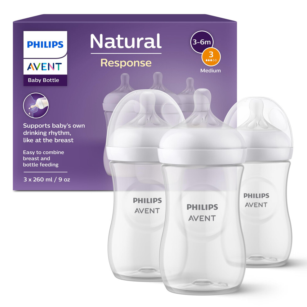 Philips Natural Response Baby Bottle - 3 X 260Ml Baby Milk Bottle For Newborns And Up, Bpa Free, 1+ Months (Model Scy903/03) Avent