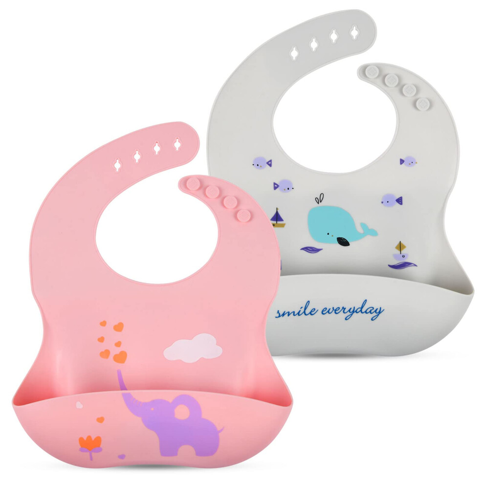 2 X Silicone Baby Bibs, Super Soft Silicone Feeding Bibs With Crumb Catcher For Toddlers () Pink/Green Vicloon