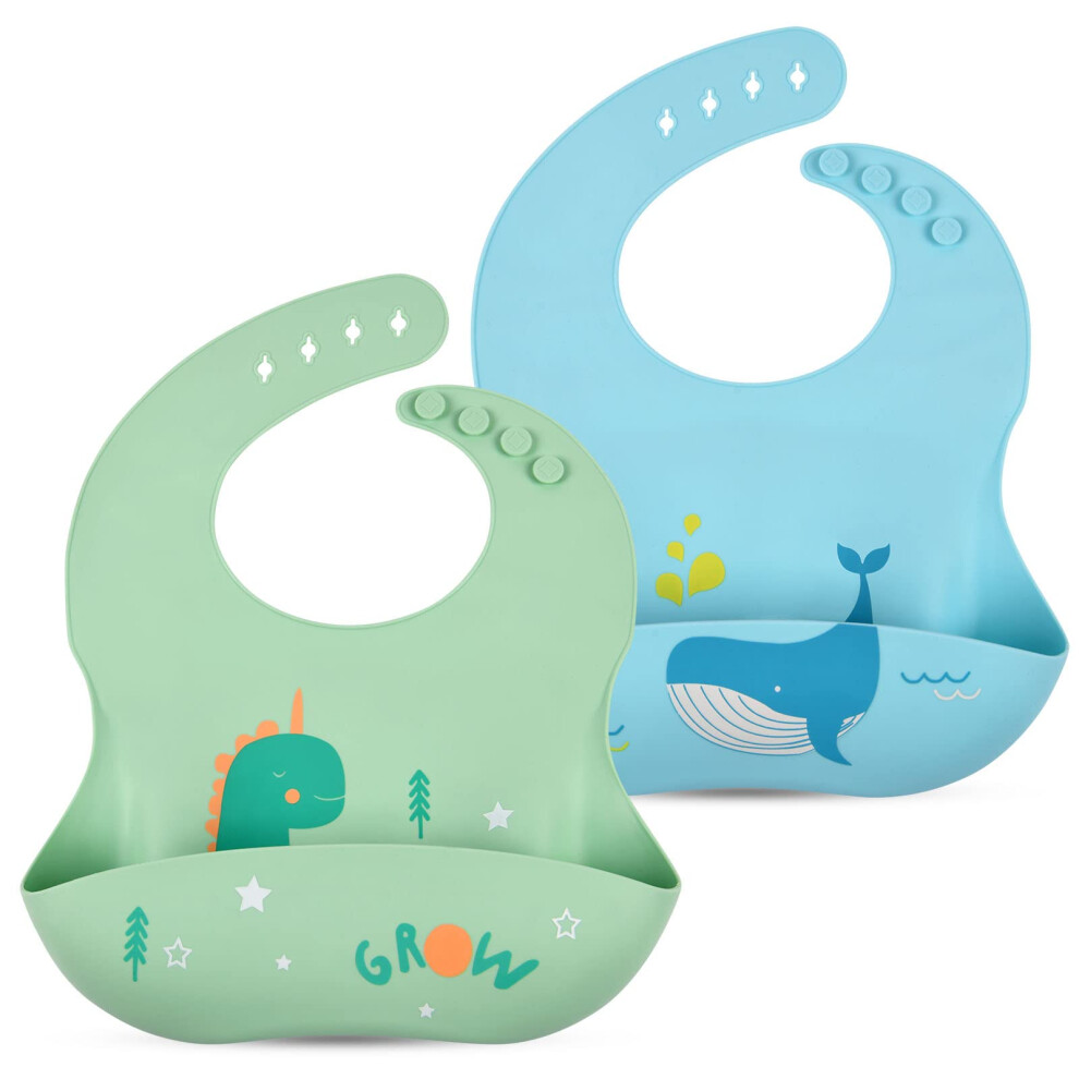 Silicone Baby Bibs, Pack Of 2 Baby Bibs With Crumb Tray, Bpa-Free, Easy To Clean, Waterproof Silicone Bibs For Boys And Girls, Dinosaur Blue Vicloon