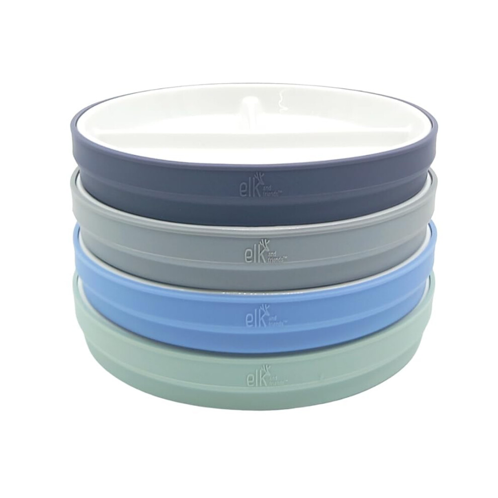 Kids 7.8? Porcelain Divided Plates With Silicone Sleeves | Suitable For Babies/Toddlers | Microwave & Dishwasher Safe | Non Slip White Elk And Friends