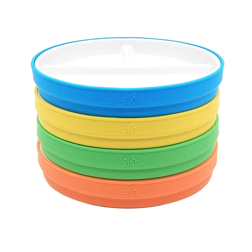Kids 7.8? Porcelain Divided Plates With Silicone Sleeves | Suitable For Babies/Toddlers | Microwave & Dishwasher Safe | Non Slip White Elk And Friends