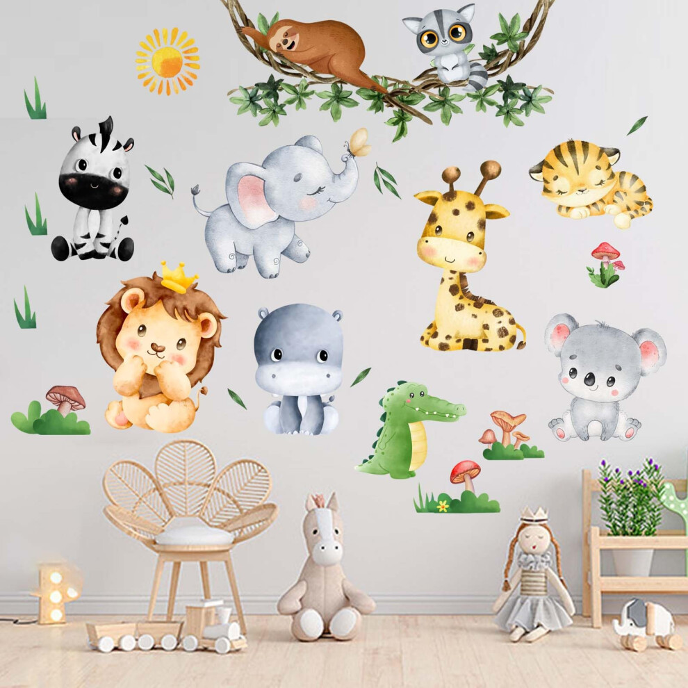 Jungle Animal Wall Stickers For Baby: Peel And Stick Elephant Lion Tiger Giraffe Zebra Wall Decals - Wall Decor Art Kids Supplies Ages 1-12 Years Amimagen