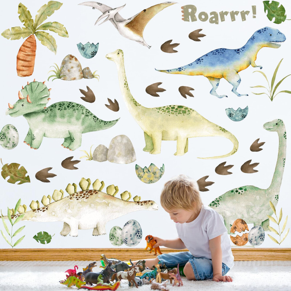 Watercolor Dinosaur Wall Stickers, Large Peel And Stick Dino Wall Decal Vinyl Tropical Forest Dinosaur Clings For Baby Boy Girl Nursery Kids Bedroom Boarshua