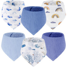 Yukkidds Baby Bibs 100% Muslin Cotton Dribble Bibs Soft and Absorbent for Newborn Toddler from 0-36 months 6 Pack Blue Rainbow