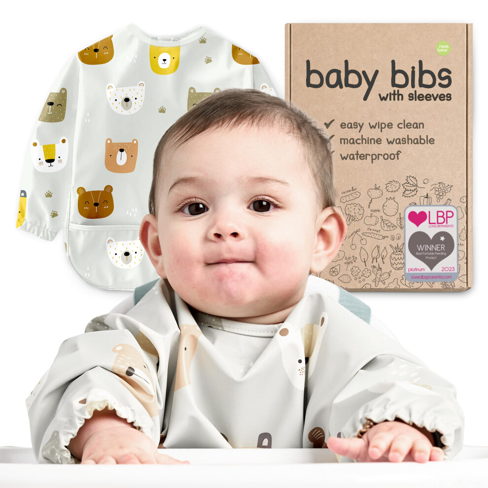 Baby Bibs With Sleeves For 6-24 Months, 1 Pack - Easy Wipe Clean, Machine Washable Baby Weaning Bib With Sleeves, Waterproof Long Sleeve Bibs, Nombear