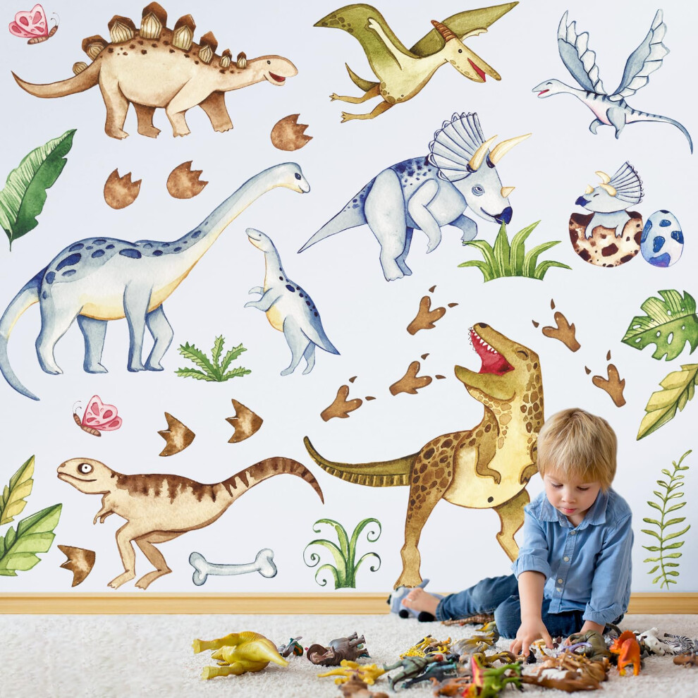 Watercolor Dinosaur Wall Stickers, Large Peel And Stick Dino Wall Decal Vinyl Tropical Forest Dinosaur Clings For Baby Boy Girl Nursery Kids Bedroom Boarshua