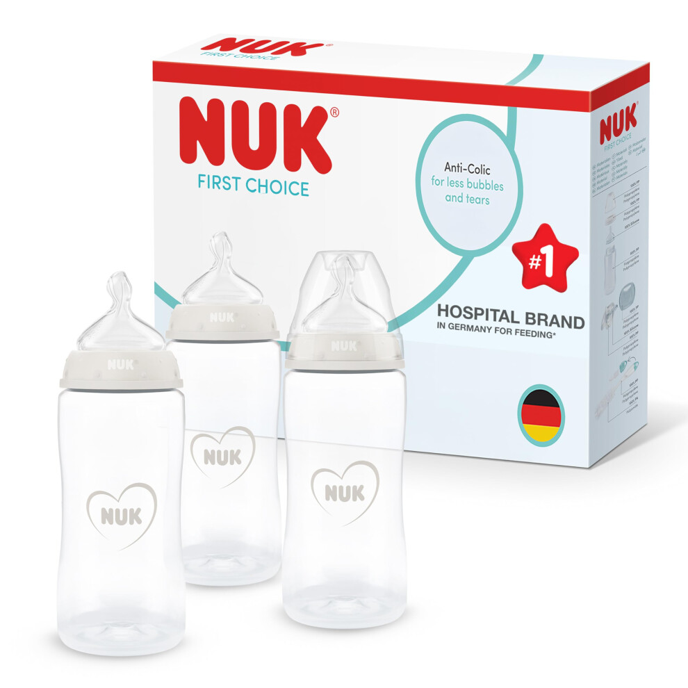 Nuk First Choice Baby Bottles | 3+ Months | 300Ml | Anti Colic Feeding Bottle | Pp | Temperature Control Indicator | Neutral | 3 Count