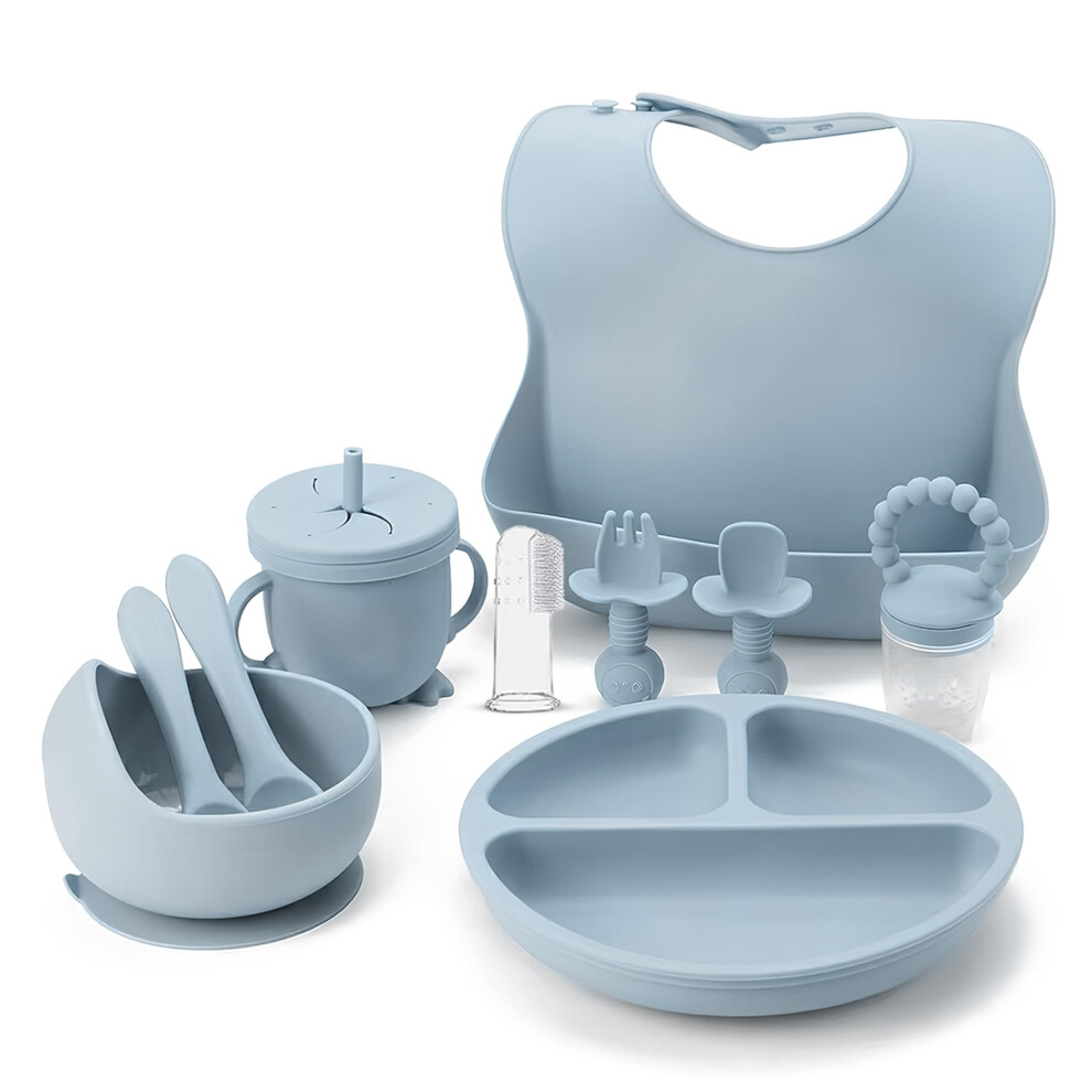 Baby Weaning Set - 11 Pcs Silicone Baby Feeding Set With Suction Plate, Weaning Kit With Adjustable Bib, Fork, Spoon, Fruit Feeder & Indique