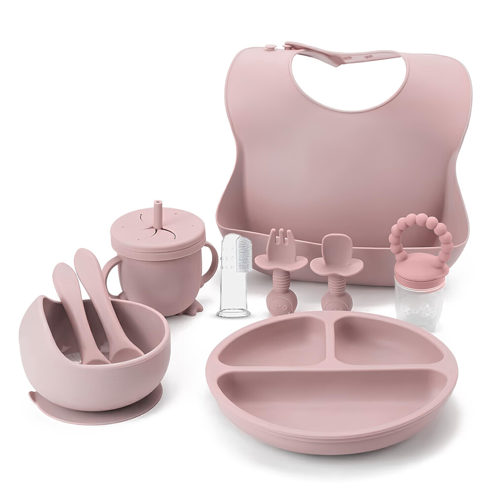 Baby Weaning Set - 11 Pcs Silicone Baby Feeding Set With Suction Plate, Weaning Kit With Adjustable Bib, Fork, Spoon, Fruit Feeder & Indique