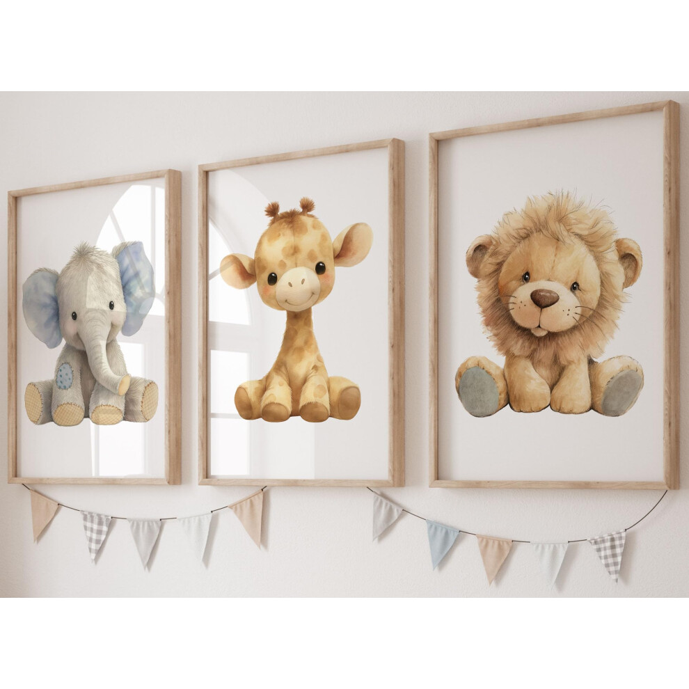 Baby Safari Animals Set Of 3 Unframed Prints For Baby Girl Or Boy Nursery Bedroom Playroom, Teddy Bear Style, Nursery D?Cor, Cute Jungle Wall Art, Eviepops Prints