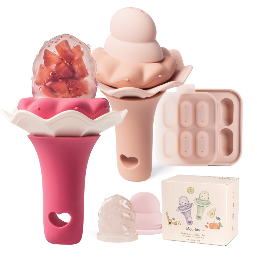 Baby Fruit Feeder With Freezer Tray | Bpa Free Silicone Baby Food Feeder With Two Sizes Pouches | Baby Shower Gifts | 4 Months+ Led Weaning, 2 Moonkie