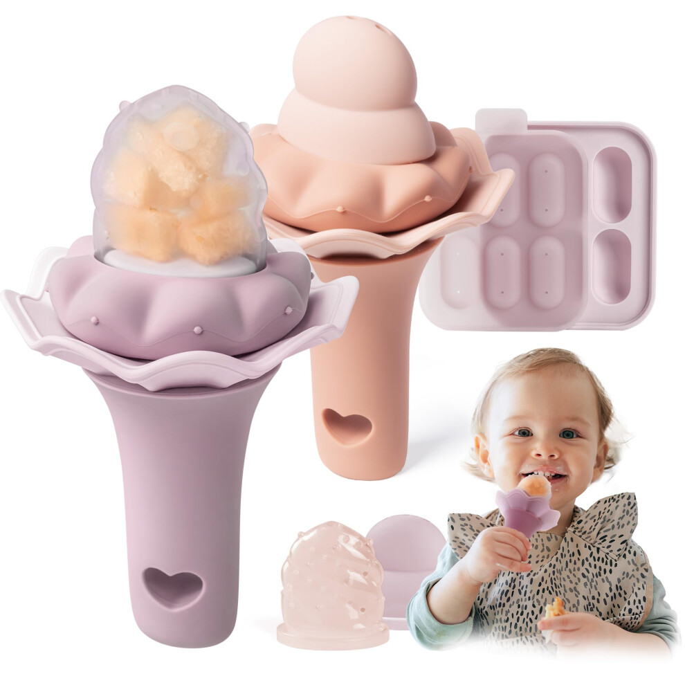 Baby Fruit Feeder With Freezer Tray | Bpa Free Silicone Baby Food Feeder With Two Sizes Pouches | Baby Shower Gifts | 4 Months+ Led Weaning, 2 Moonkie